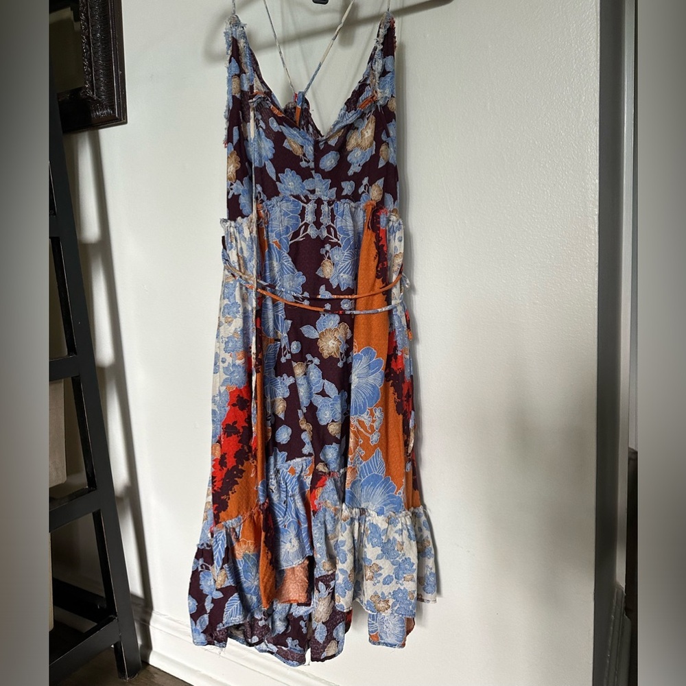 Free People Floral Patchwork Mini Dress - Blue, Orange, Red